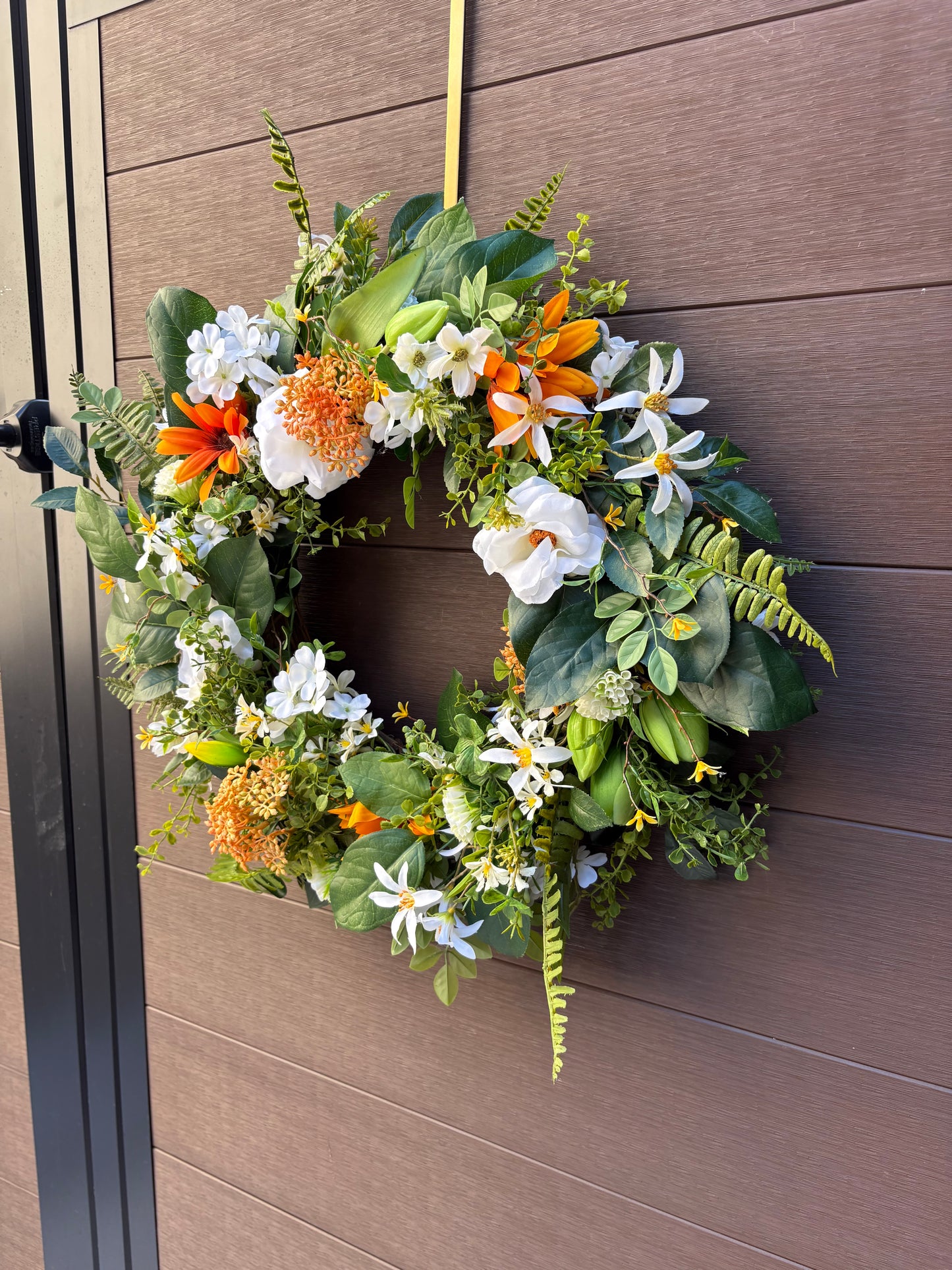 Artificial rustic floral wreath – White magnolia, rudbeckia, and eucalyptus – 23 inches