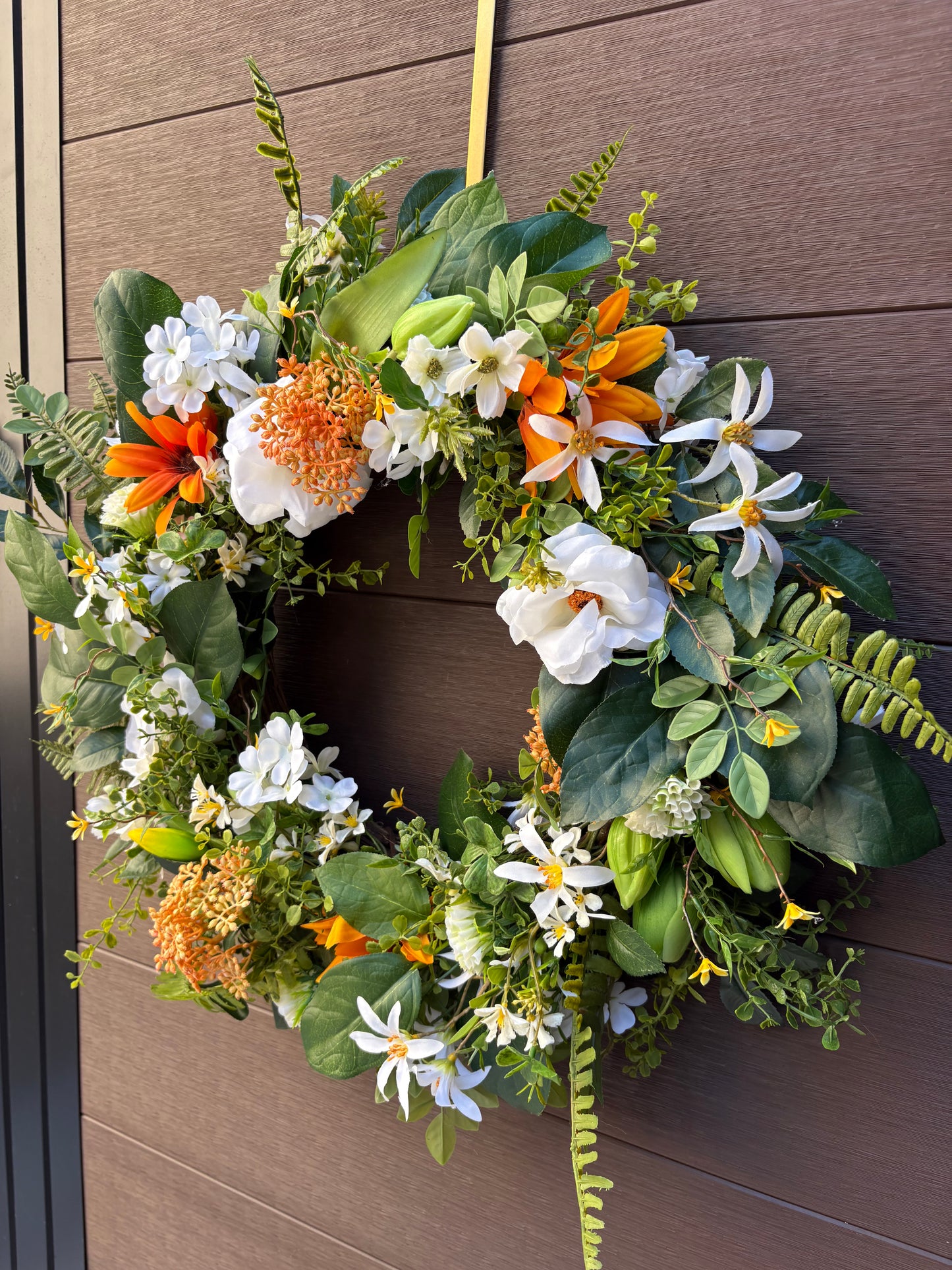 Artificial rustic floral wreath – White magnolia, rudbeckia, and eucalyptus – 23 inches
