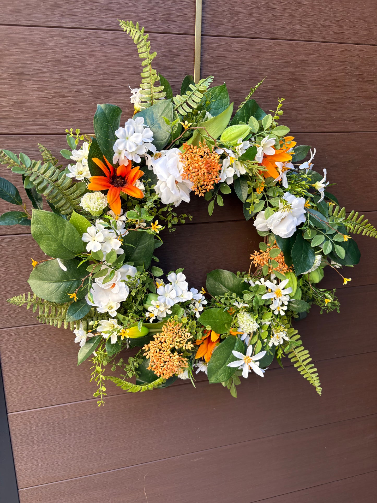 Artificial rustic floral wreath – White magnolia, rudbeckia, and eucalyptus – 23 inches