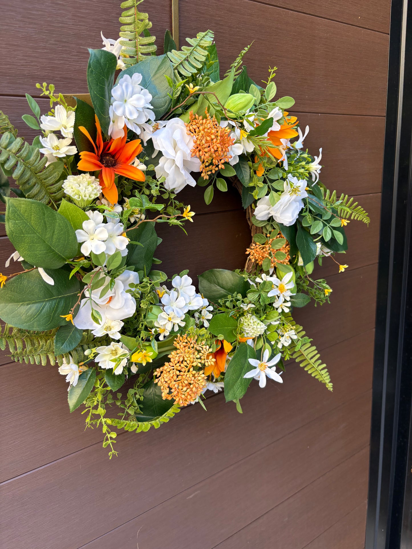 Artificial rustic floral wreath – White magnolia, rudbeckia, and eucalyptus – 23 inches