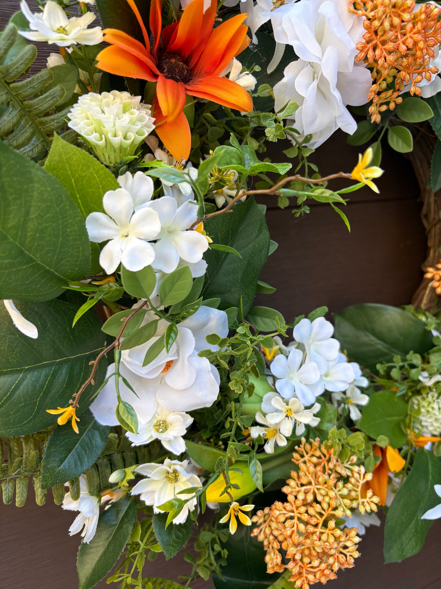 Artificial rustic floral wreath – White magnolia, rudbeckia, and eucalyptus – 23 inches