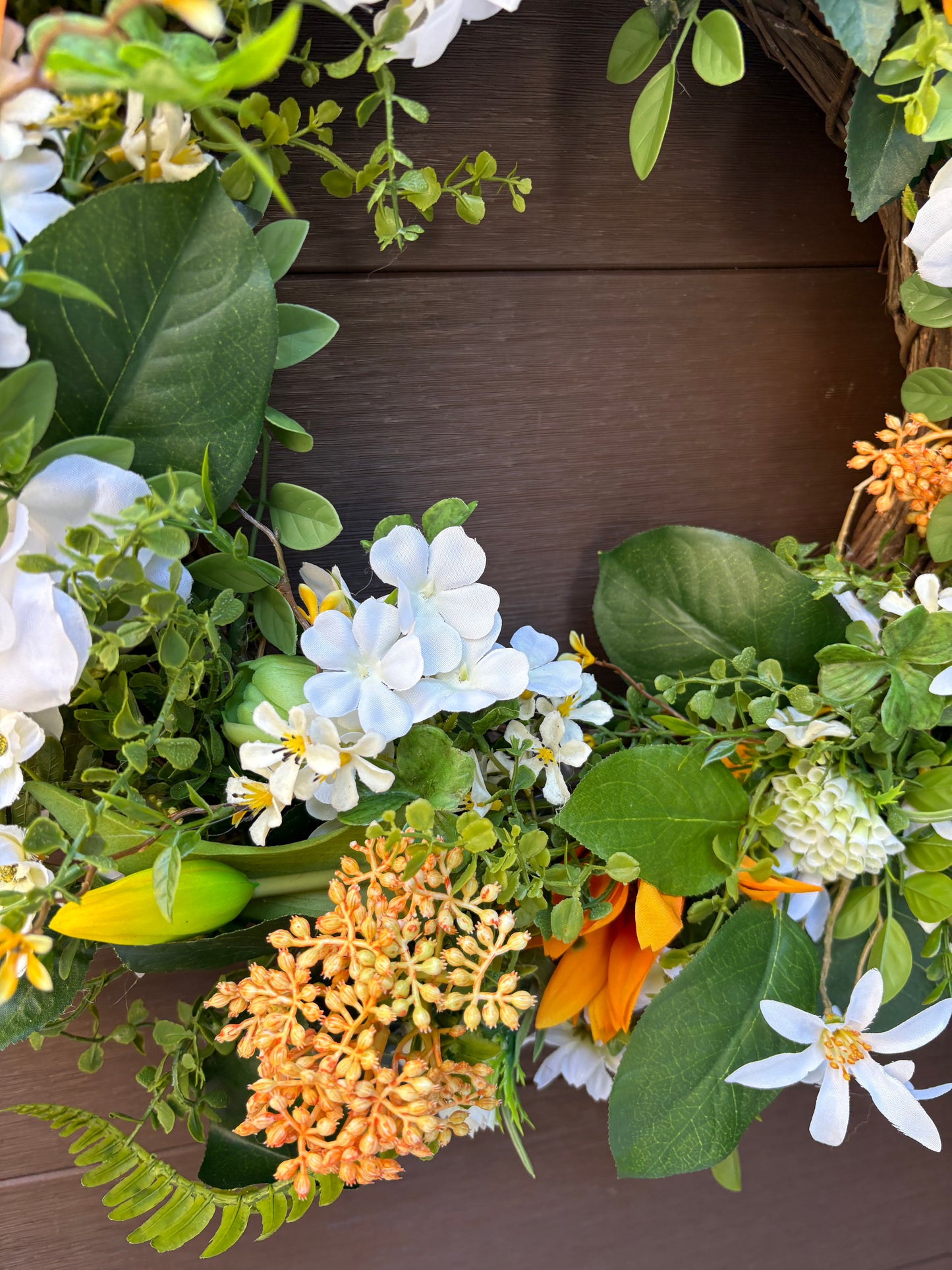 Artificial rustic floral wreath – White magnolia, rudbeckia, and eucalyptus – 23 inches