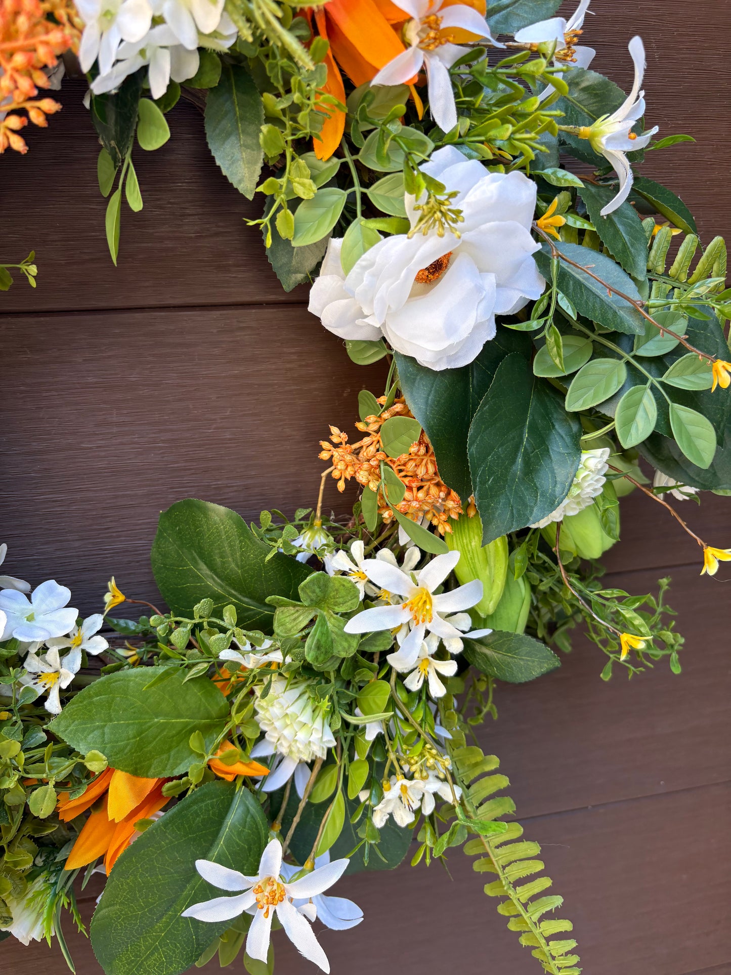 Artificial rustic floral wreath – White magnolia, rudbeckia, and eucalyptus – 23 inches