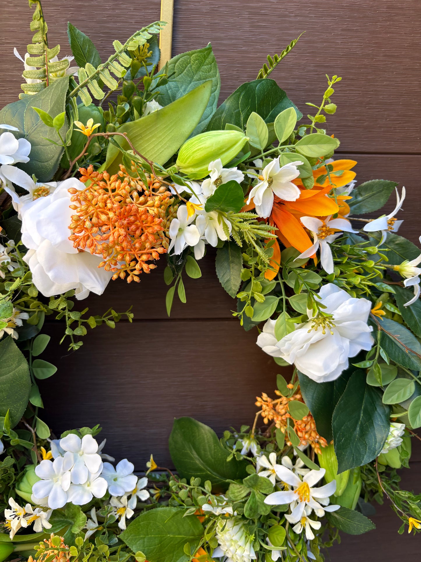 Artificial rustic floral wreath – White magnolia, rudbeckia, and eucalyptus – 23 inches