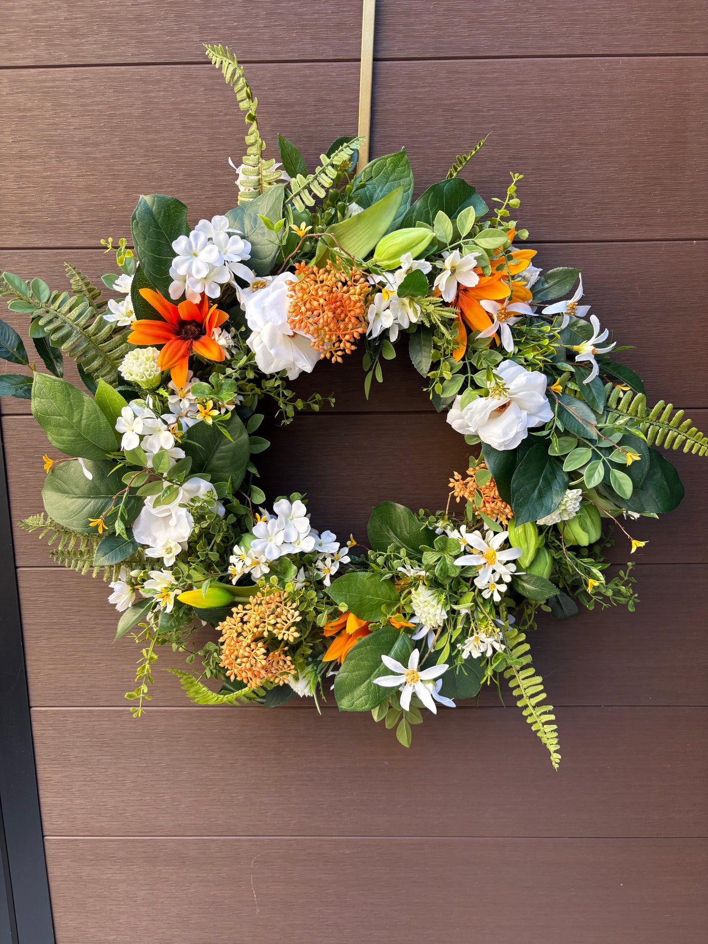 Artificial rustic floral wreath – White magnolia, rudbeckia, and eucalyptus – 23 inches