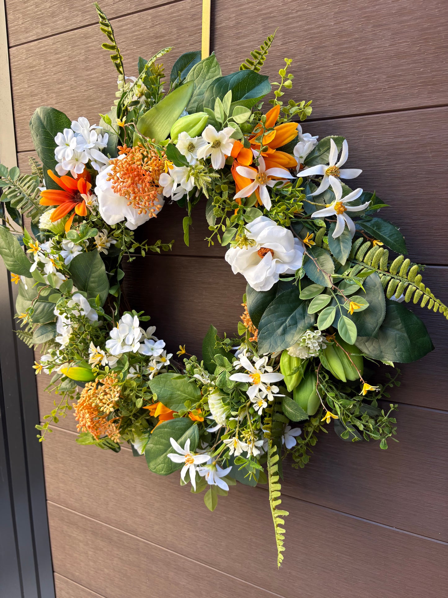 Artificial rustic floral wreath – White magnolia, rudbeckia, and eucalyptus – 23 inches