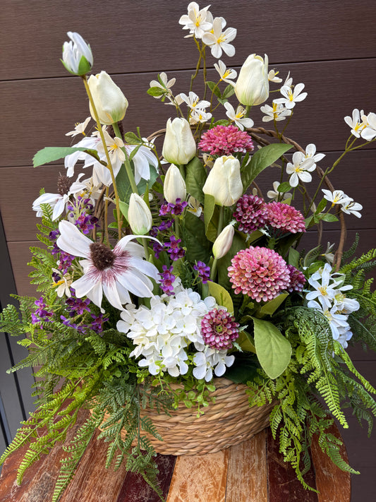 Artificial floral arrangement in wicker basket – Tulips, hydrangeas, and wildflowers – 22 x 22 in.