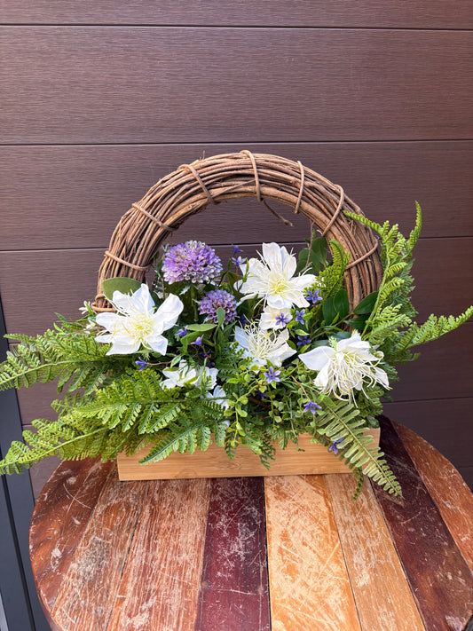 Artificial Floral Arrangement in Wooden Box – White Clematis, Hydrangea, and Wildflowers – 23 x 15 in.