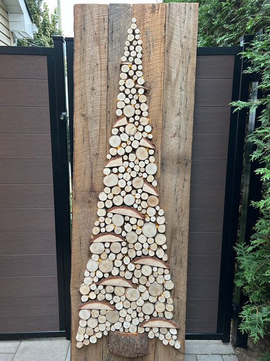 Large Log Christmas Tree – Rustic Wall Decor on 82-inch Barn Wood Plank