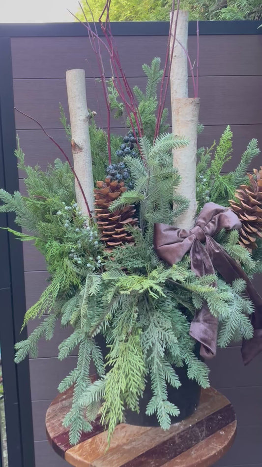 Arrangement hivernal rustique de 42 po – Bouleau, cocottes et velours brun