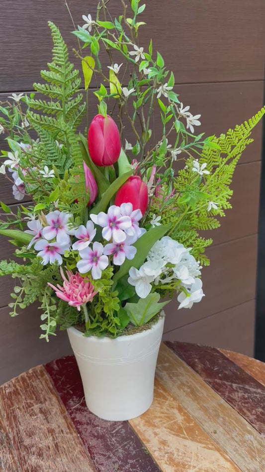 Artificial Spring Floral Arrangement - Pink Tulips, Hydrangea and Wildflowers